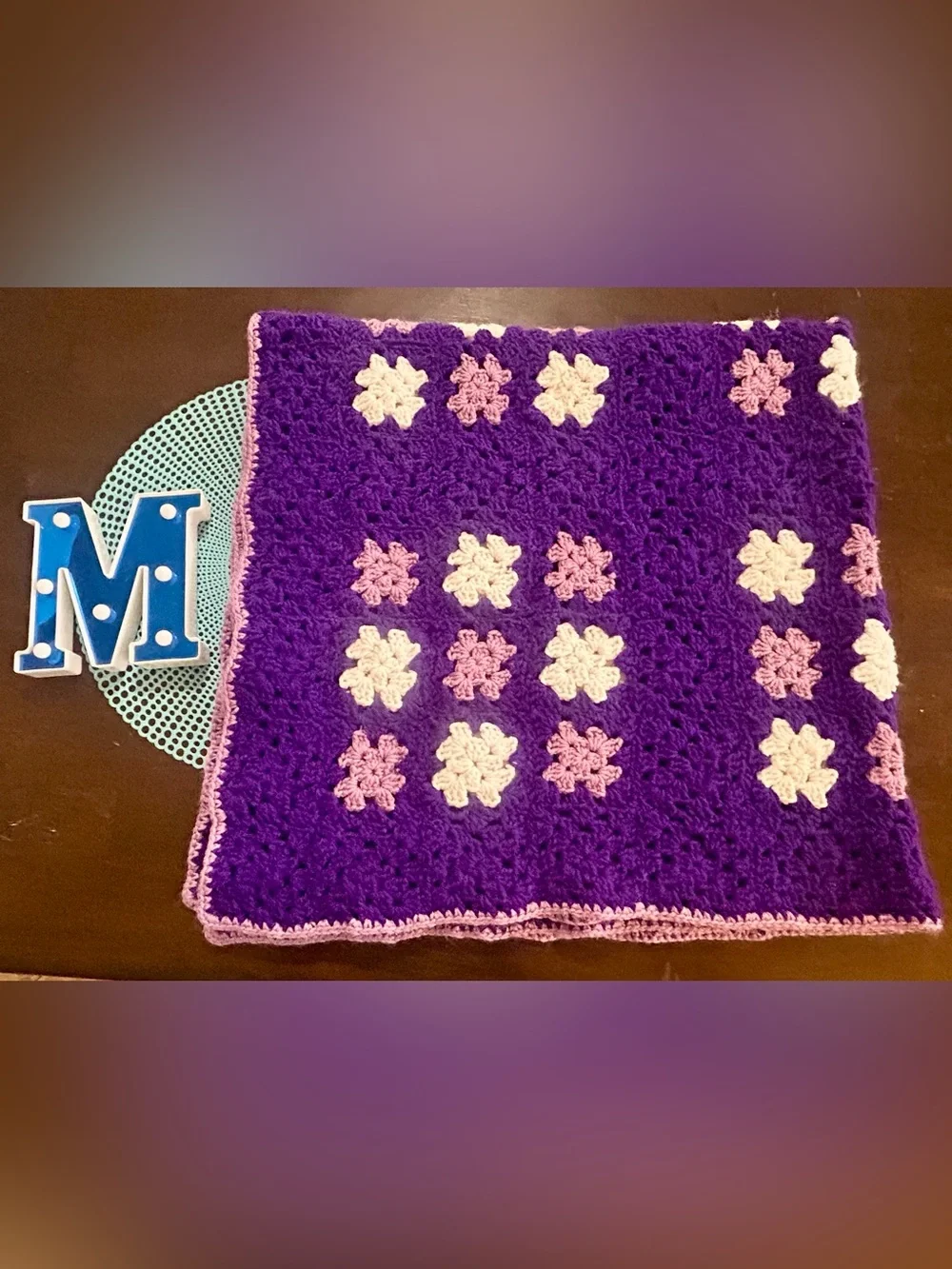 Granny Square Afghan Blanket Handmade Lavender Purple Yarn 44” X 44”